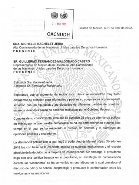 Oposición denuncia ante ONU campaña de Morena en su contra por "traidores a la patria" - carta-onu-1