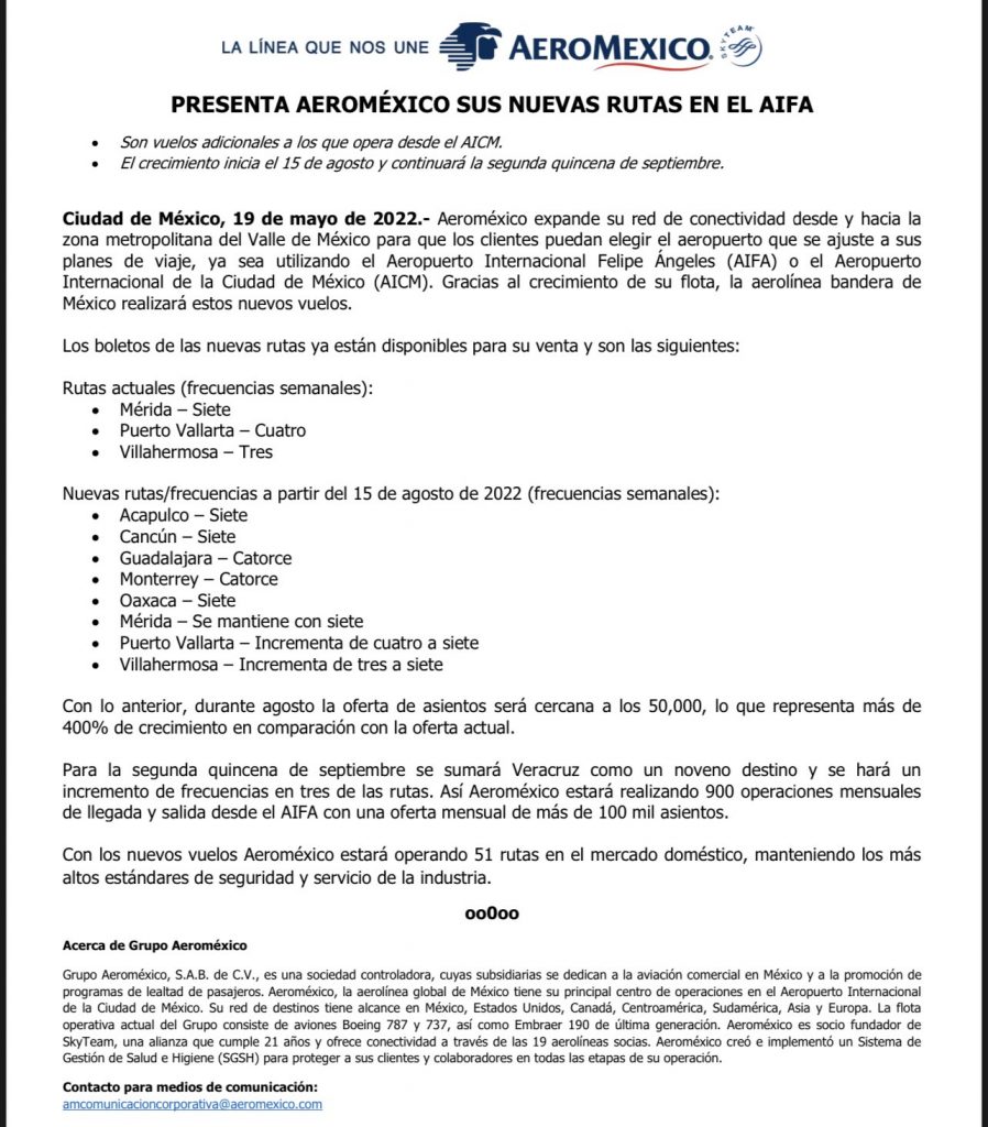 Aeroméxico expandirá sus operaciones en el AIFA para septiembre - aero19052022-898x1024