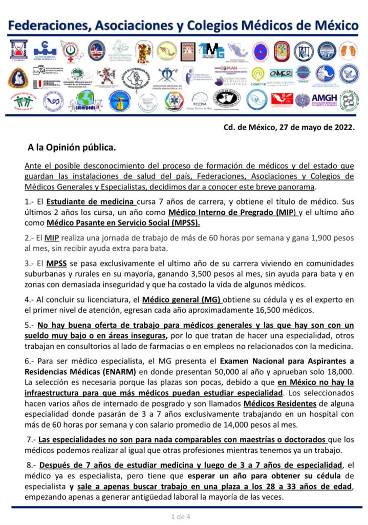 Colegios denuncian que no hay buena oferta de trabajo para médicos generales en México - comunicado-medicos-generales