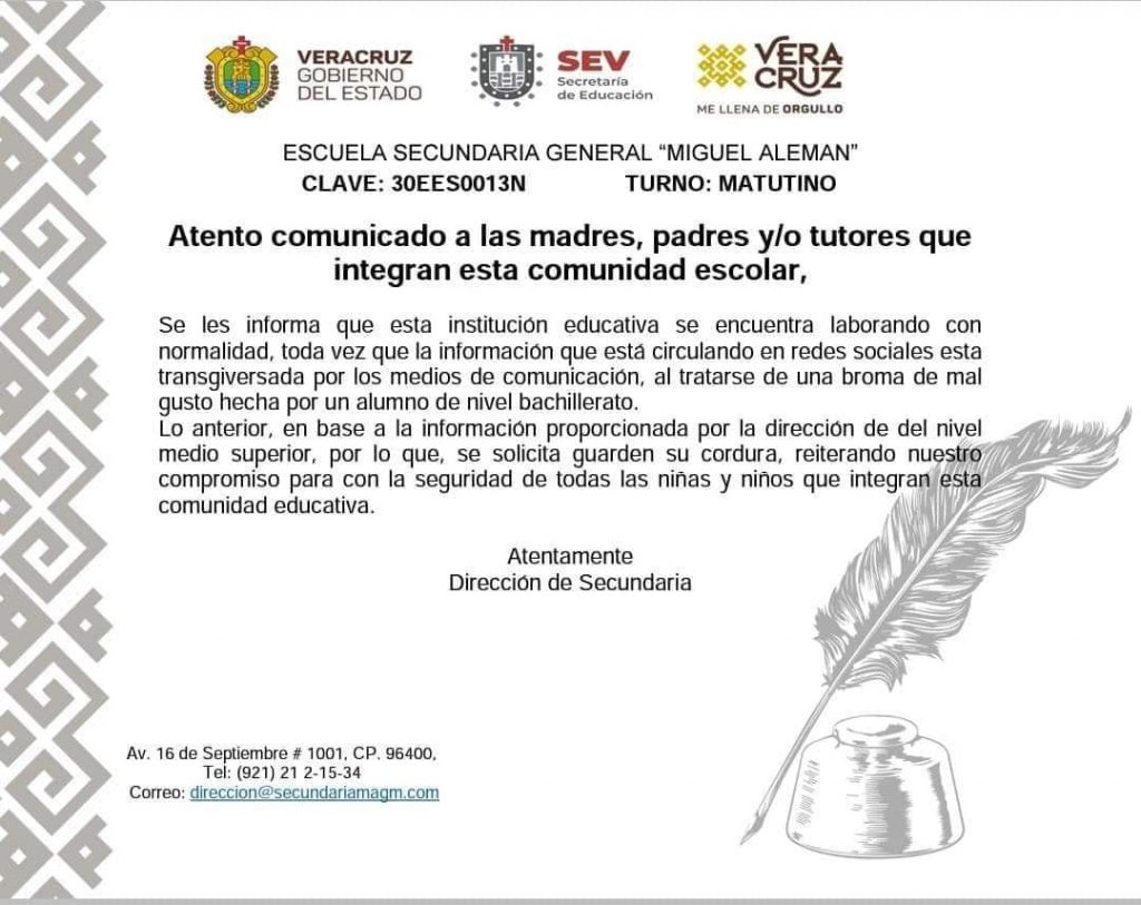 "Broma" de alumno desata pánico por posible tiroteo en preparatoria de Veracruz - comunicado-secundario-veracruz-1024x813
