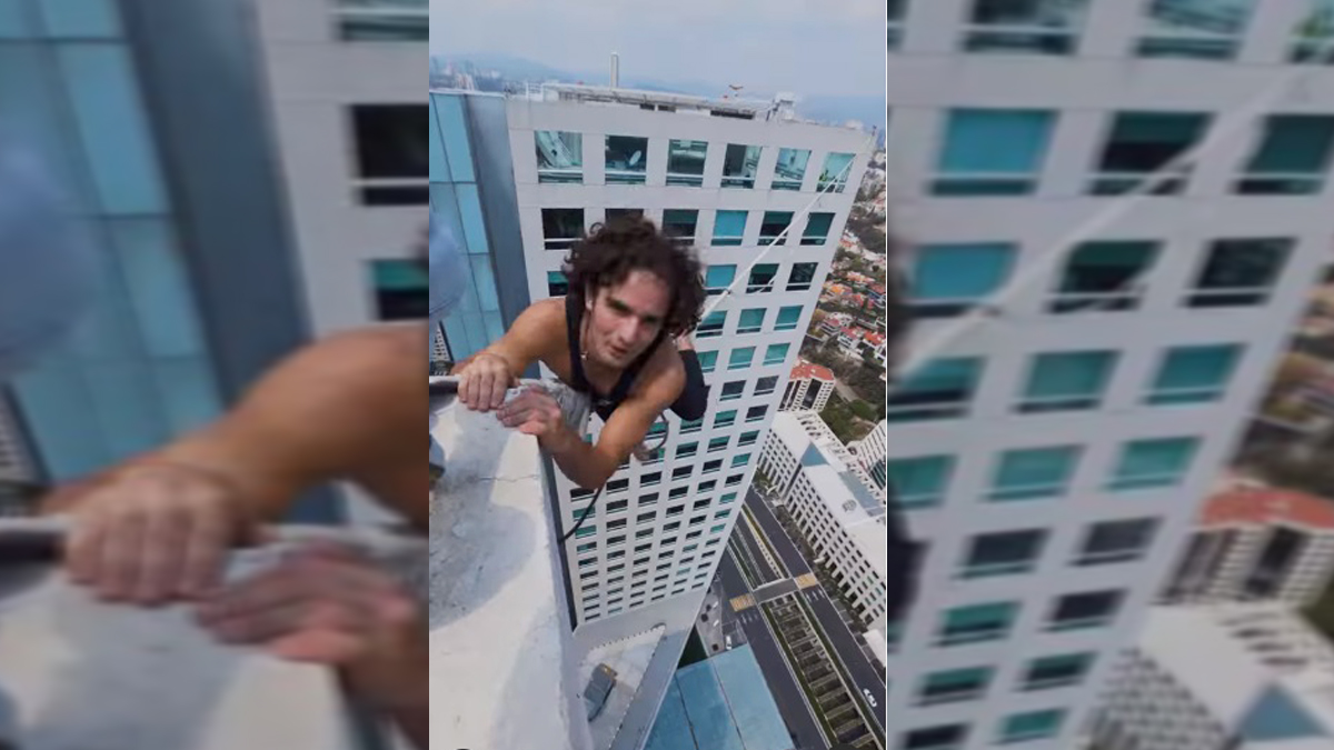 #Video Mau Otero cruza dos torres de un edificio de la CDMX en la cuerda floja