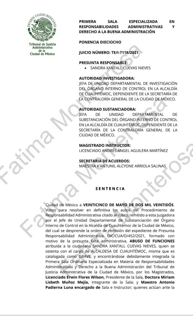 Revelan documento que inhabilita a Sandra Cuevas, alcaldesa de Cuauhtémoc - sentencia-inhabilitacion-sandra-cuevas-2-620x1024