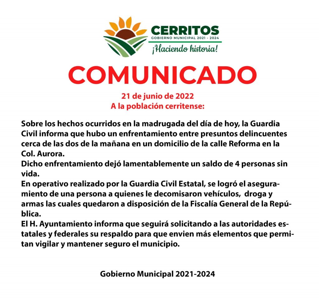 Cuatro muertos tras enfrentamiento en Cerritos, San Luis Potosí - comunicado-enfrentamiento-cerritos-slp-1024x956