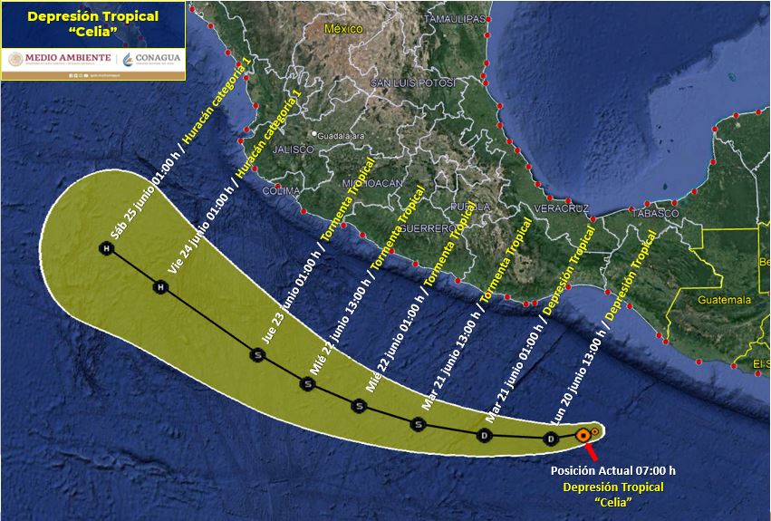 Depresión tropical Celia ocasionará lluvias torrenciales en sureste del país - trayectoria-de-celia