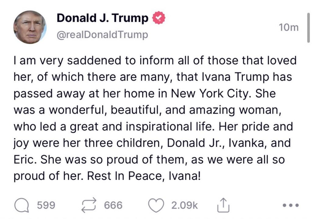 Ivana Trump murió tras caer accidentalmente de las escaleras de su casa - publicacion-de-trump-sobre-la-muerte-de-su-exesposa-ivana-1024x719
