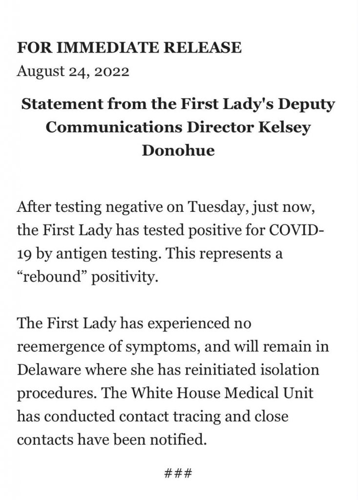 Jill Biden, primera dama de EE.UU., vuelve a dar positivo por COVID-19 - comunicado-recontagio-covid-jill-biden-733x1024