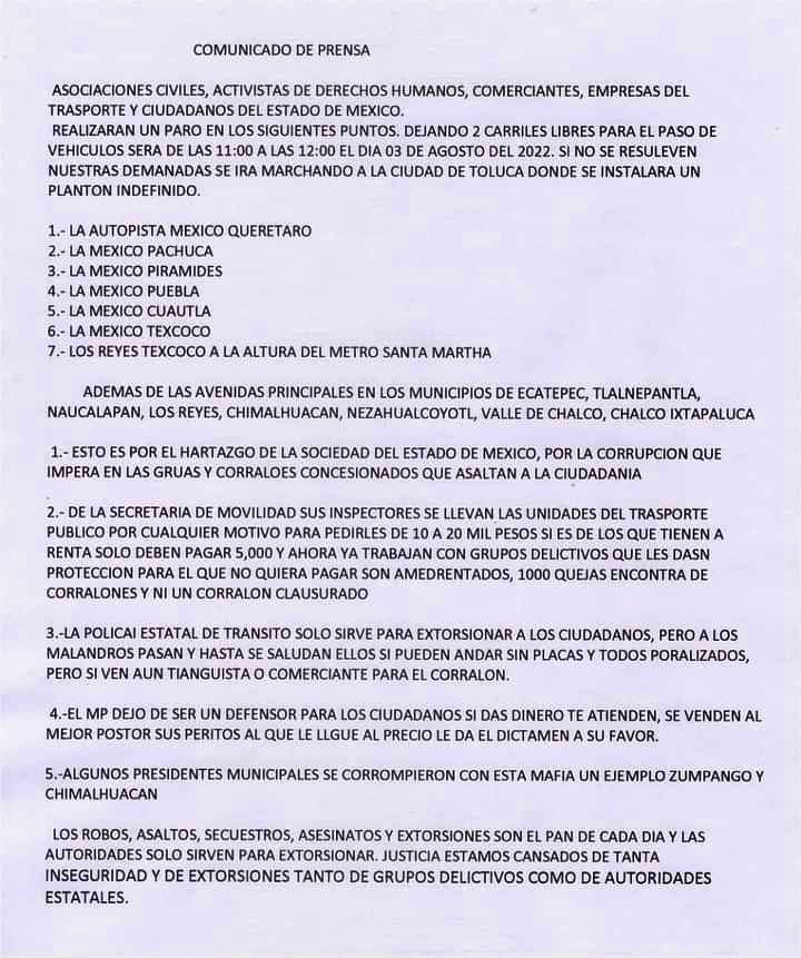 Transportistas liberan autopistas en Edomex tras protesta - comunicado-transportistas-y-comerciantes-de-edomex