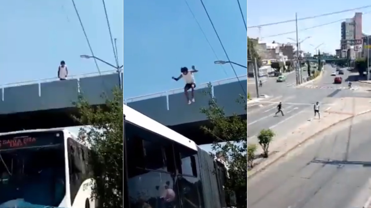 #Video Joven salta de un puente al techo de un autobús en León #Video Joven salta de un puente al techo de un autobús en León