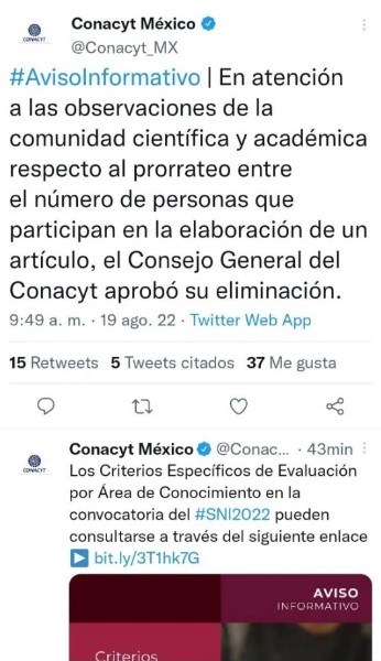 Conacyt anuncia eliminación de 'prorrateo' en reglamento del SNI, pero se retracta - tuit-de-conacyt-sobre-prorrateo