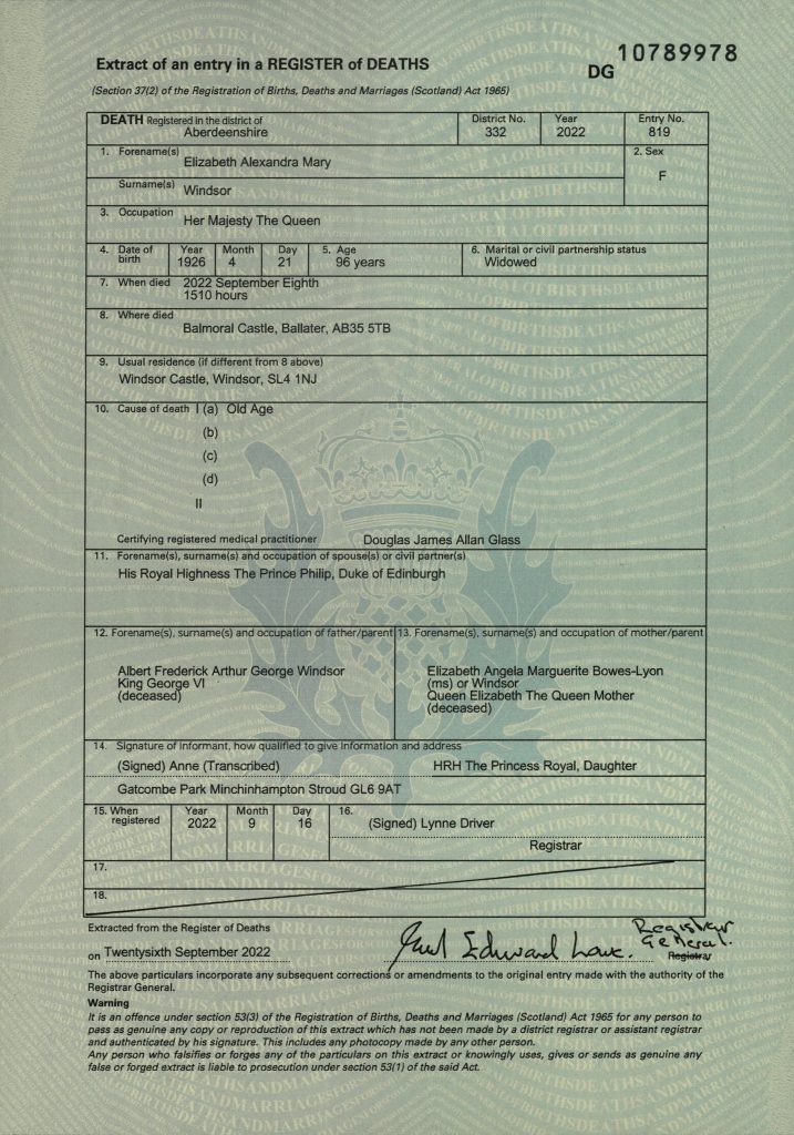 Publican certificado de defunción de Isabel II: murió de 'vejez' - certificado-de-defuncion-de-la-reina-isabel-ii-717x1024