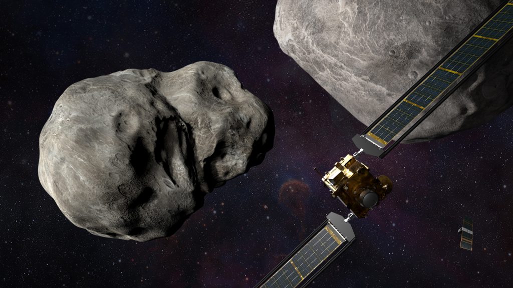 Observan primeros indicios de que el asteroide impactado desvió su trayectoria - nave-de-la-nasa-choca-contra-un-asteroide-para-desviar-su-trayectoria-1024x576