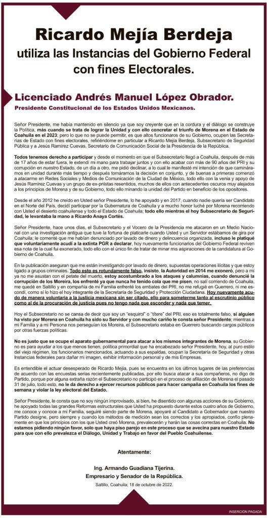 Un funcionario acribillado, sus lazos con Ricardo Mejía y una semana negra - carta-armando-guadiana-a-amlo-532x1024
