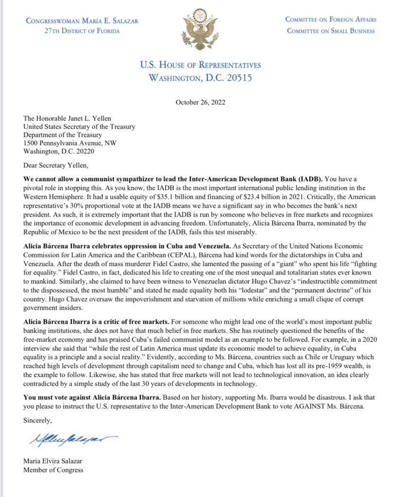 Congresista de EE.UU. pide votar contra Alicia Bárcena como nueva presidenta del BID - carta-contra-candidatura-de-alicia-barcena-al-bid-809x1024