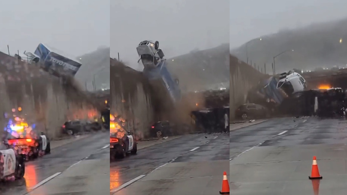 #Video Camión cae de puente sobre dos vehículos en California #Video Camión cae de puente sobre dos vehículos en California
