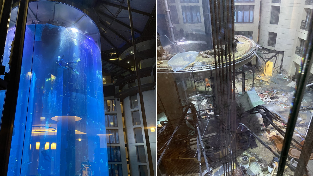 Estalla en Berlín el acuario cilíndrico más grande del mundo