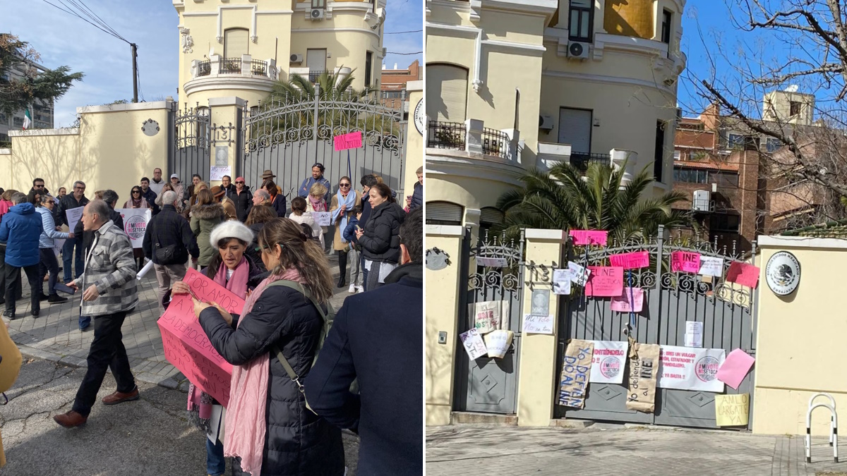 Mexicanos protestan en defensa del INE frente a la Embajada de México en España