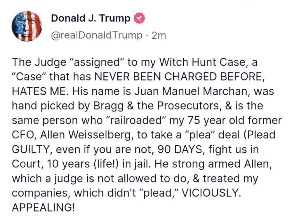 "El juez me odia": Trump insiste en 'caza de brujas' en su contra - post-de-trump-sobre-el-juez-juan-manuel-marchan-1024x764