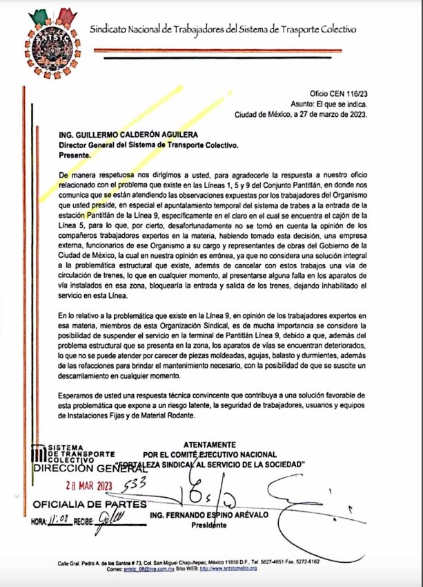 Piden cerrar terminal Pantitlán del Metro de la CDMX por riesgo estructural - carta-sindicato-metro-pantitlan