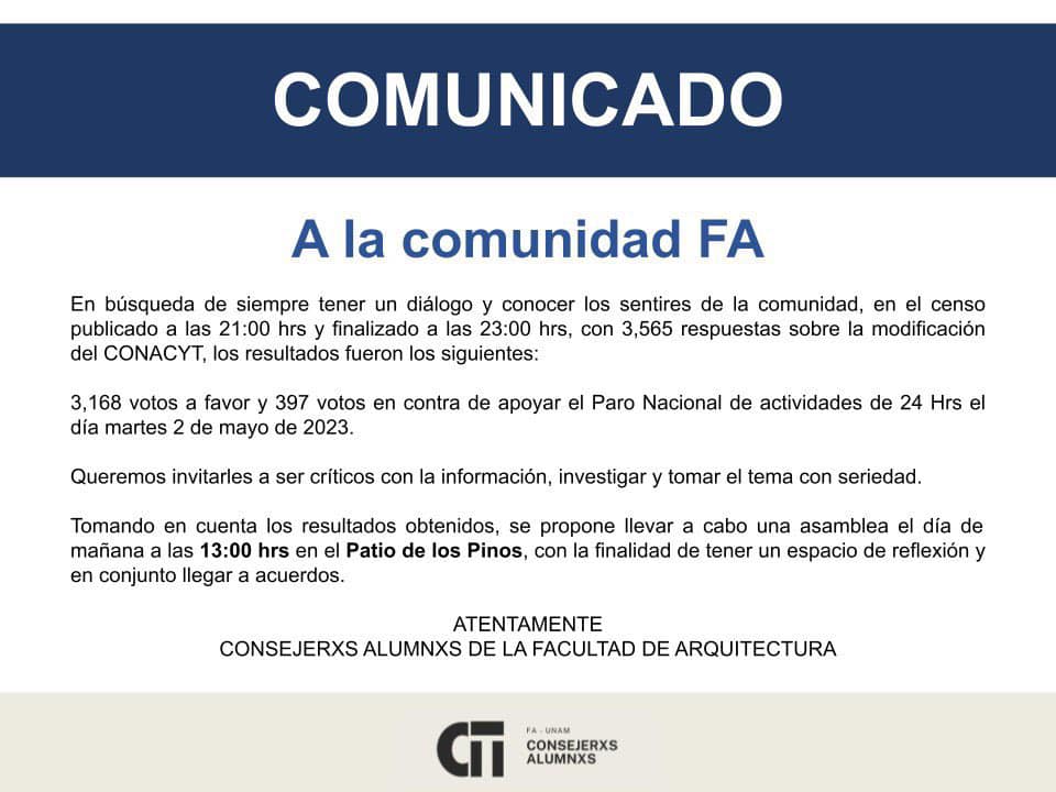 CIDE y dos facultades de la UNAM se van a paro por la nueva Ley de Ciencias - comunicado-factultad-de-arquitectura-unam