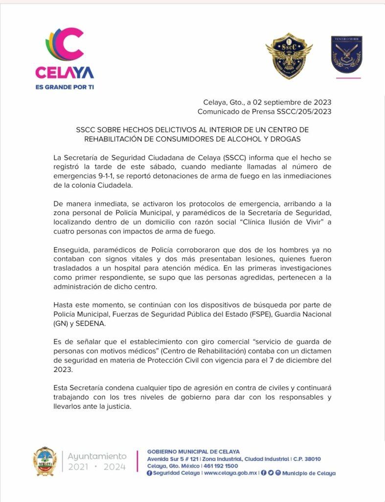 Ataque en centro de rehabilitación de Celaya deja dos muertos - comunicado-ataque-en-centro-de-rehabilitacion-de-celaya-787x1024