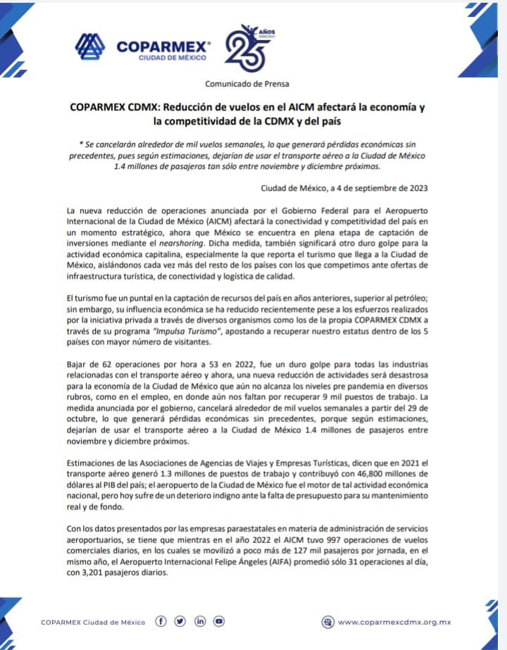 Reducción de operaciones en AICM afectará la competitividad en CDMX y el país, sostiene Coparmex - coparmex-aicm