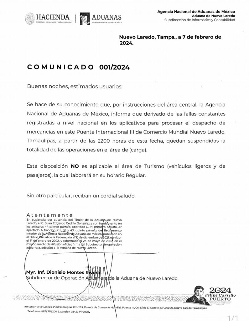 Reanudan operaciones en aduanas tras fallas; servicio estará lento - aduana-de-nuevo-laredo-795x1024