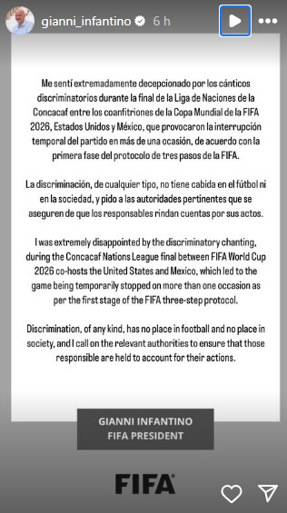 Infantino se dice "extremadamente decepcionado" por grito homófobo en el México vs EE.UU. - gianni-infantino-contra-canticos-discriminatorios-en-final-de-la-liga-de-naciones