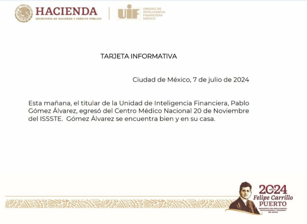 Dan de alta a Pablo Gómez, titular de la UIF; "se encuentra bien", afirma Hacienda - comunicado-alta-hospitalaria-pablo-gomez-1024x746