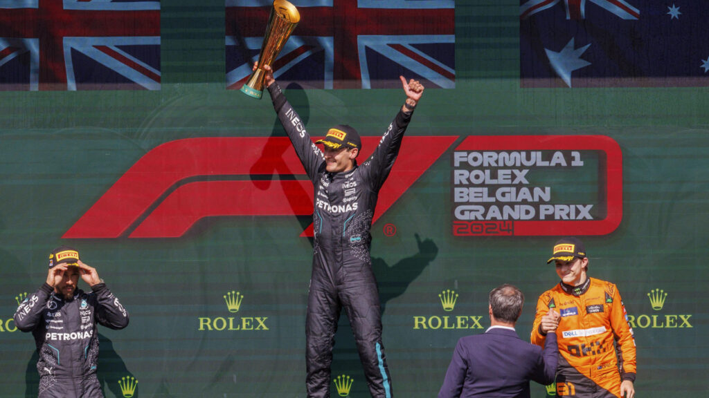 Reflejos del Gran Premio de Bélgica - 2024 - george-russell-celebra-victoria-en-gp-de-belgica-previo-a-que-fuera-descalificado-1024x576