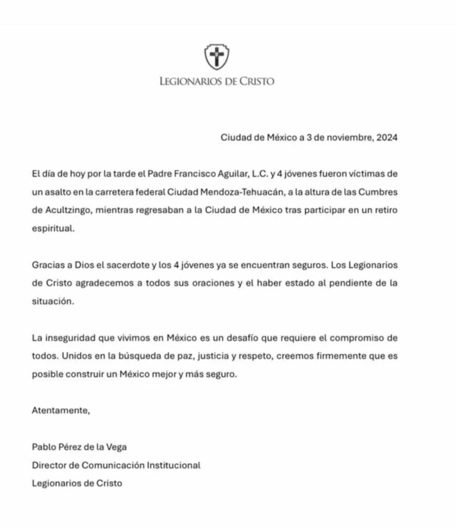 Asaltan a sacerdote y cuatro jóvenes en la Puebla-Veracruz - comunicado-de-los-legionarios-de-cristo-889x1024