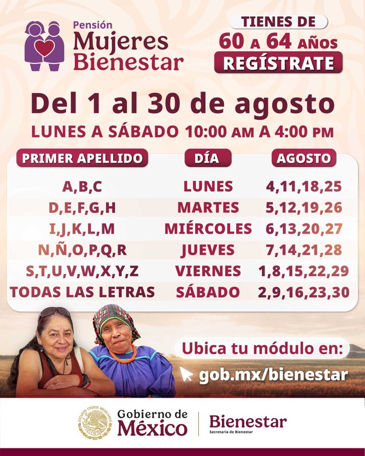 ¿Cuándo arranca la inscripción a la Pensión Mujeres Bienestar de 60 a 64 años? Así te puedes registrar - calendario-inscripcion-pension-mujeres-bienestar