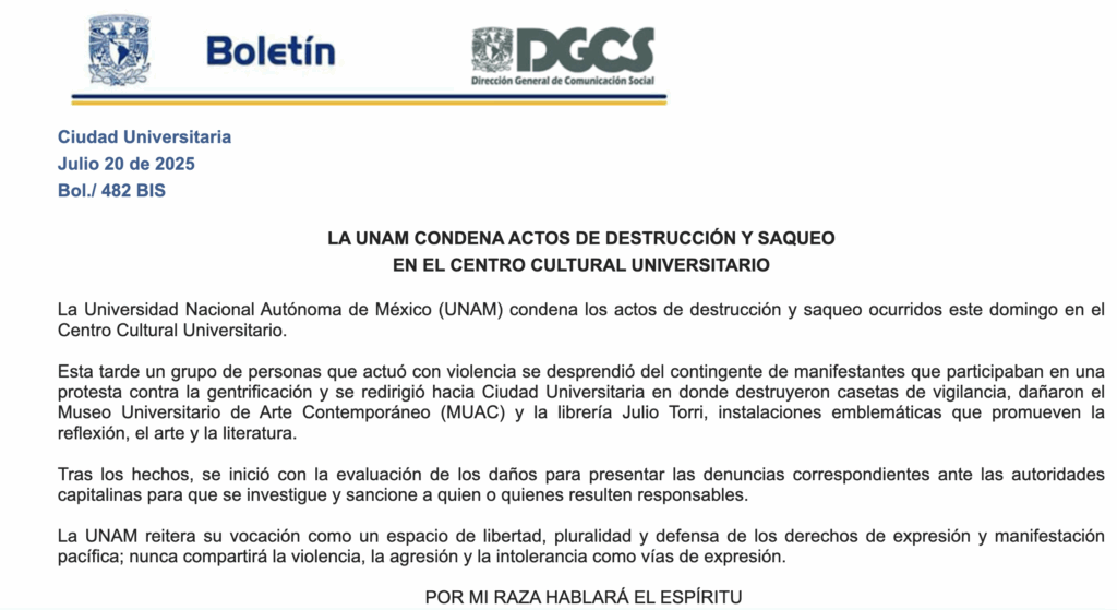 UNAM condena destrucción en el MUAC durante marcha contra gentrificación - captura-de-pantalla-2025-07-20-a-las-95313pm-1024x559