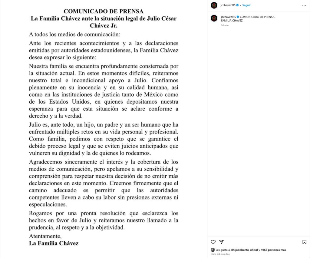 Familia de  Julio César Chávez Jr. expresa su apoyo "total e incondicional" al boxeador - chavez-2-1024x852