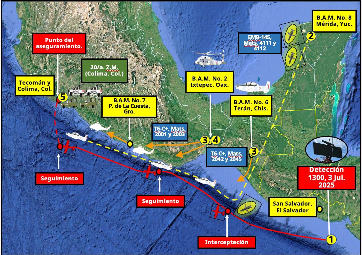 Aeronave fue detectada a 200 km al sur, a la altura de El Salvador, señala García Harfuch