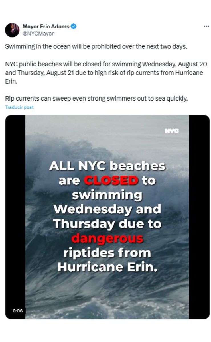 Nueva York cierra sus playas por el huracán 'Erin' - alcalde-de-nueva-york-informa-el-cierre-de-playas-por-el-huracan-erin