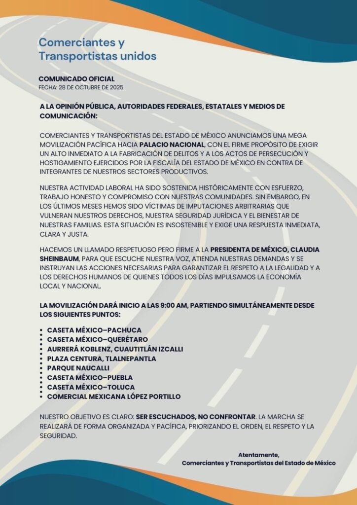 Comerciantes y transportistas anuncian movilizaciones para este miércoles 29 de octubre en CDMX y Edomex - marcha-transportistas-edomex-724x1024