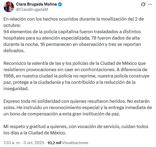 CDMX dará bono de compensación a policías heridos en marcha del 2 de Octubre - pronunciamiento-de-clara-brugada-sobre-policias-heridos-en-marcha-del-2-de-octubre