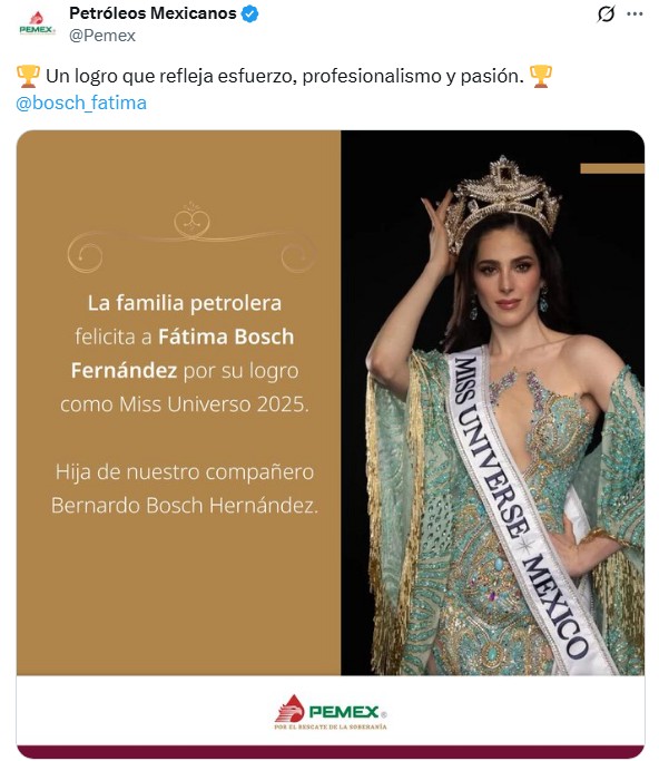 Pemex niega intervención para que Fátima Bosch ganara Miss Universo 2025 - pemex-felicita-a-fatima-bosch-por-su-triunfo-en-miss-universo-2025