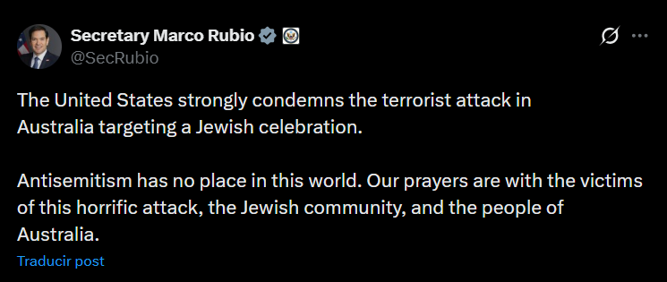 Atentado en Sídney deja al menos 12 muertos; autoridades confirman que fue dirigido "contra la comunidad judía" - marco-rubio-atentado