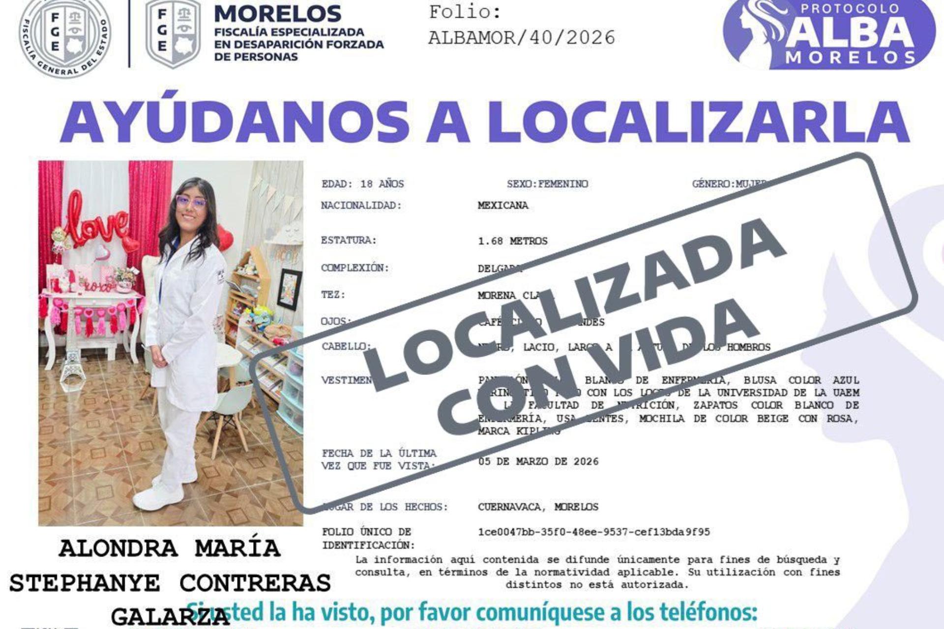 Localizan con vida a Alondra Contreras, estudiante de la UAEM