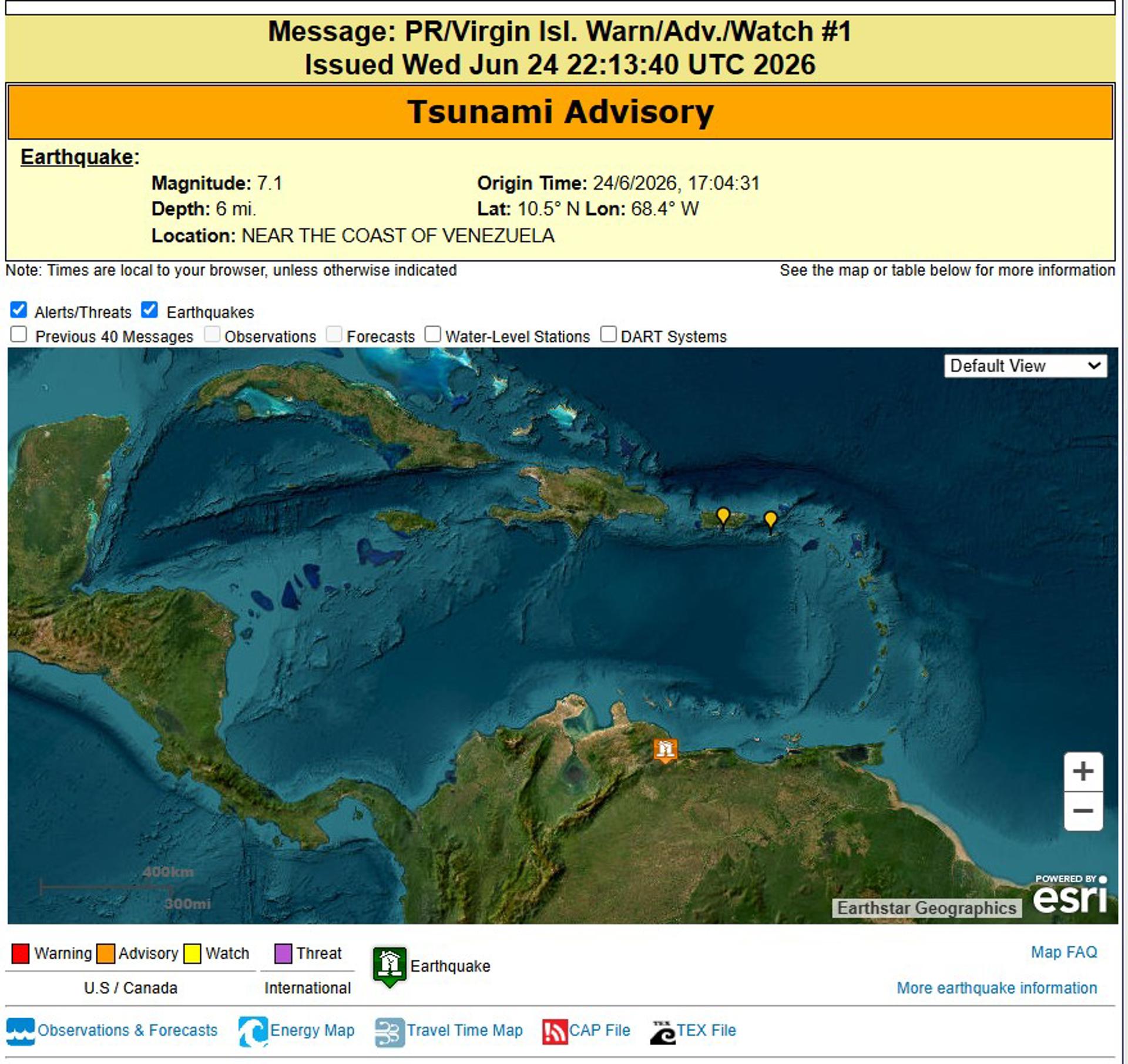 EE.UU. emite un aviso de tsunami para parte del Caribe tras un sismo en Venezuela