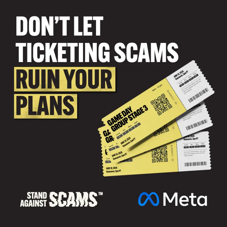 Meta reforzará seguridad digital para aficionados y jugadores en el Mundial 2026 - canadastand-against-scams-ticketing-scams-1