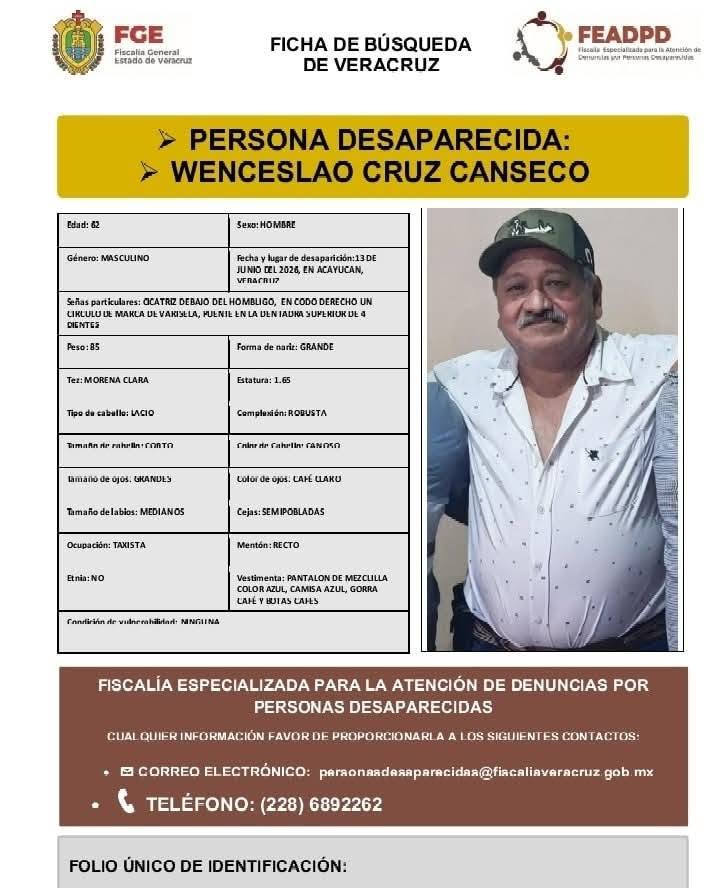 Reportan desaparición de líder de taxistas en Veracruz; familia teme secuestro - ficha-de-busqueda-de-wenceslao-cruz-canseco