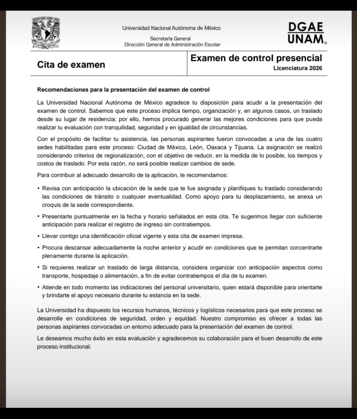 UNAM advierte que no hay cambios de sede para presentar el examen de control - cita-para-el-examen-de-control-de-la-unam