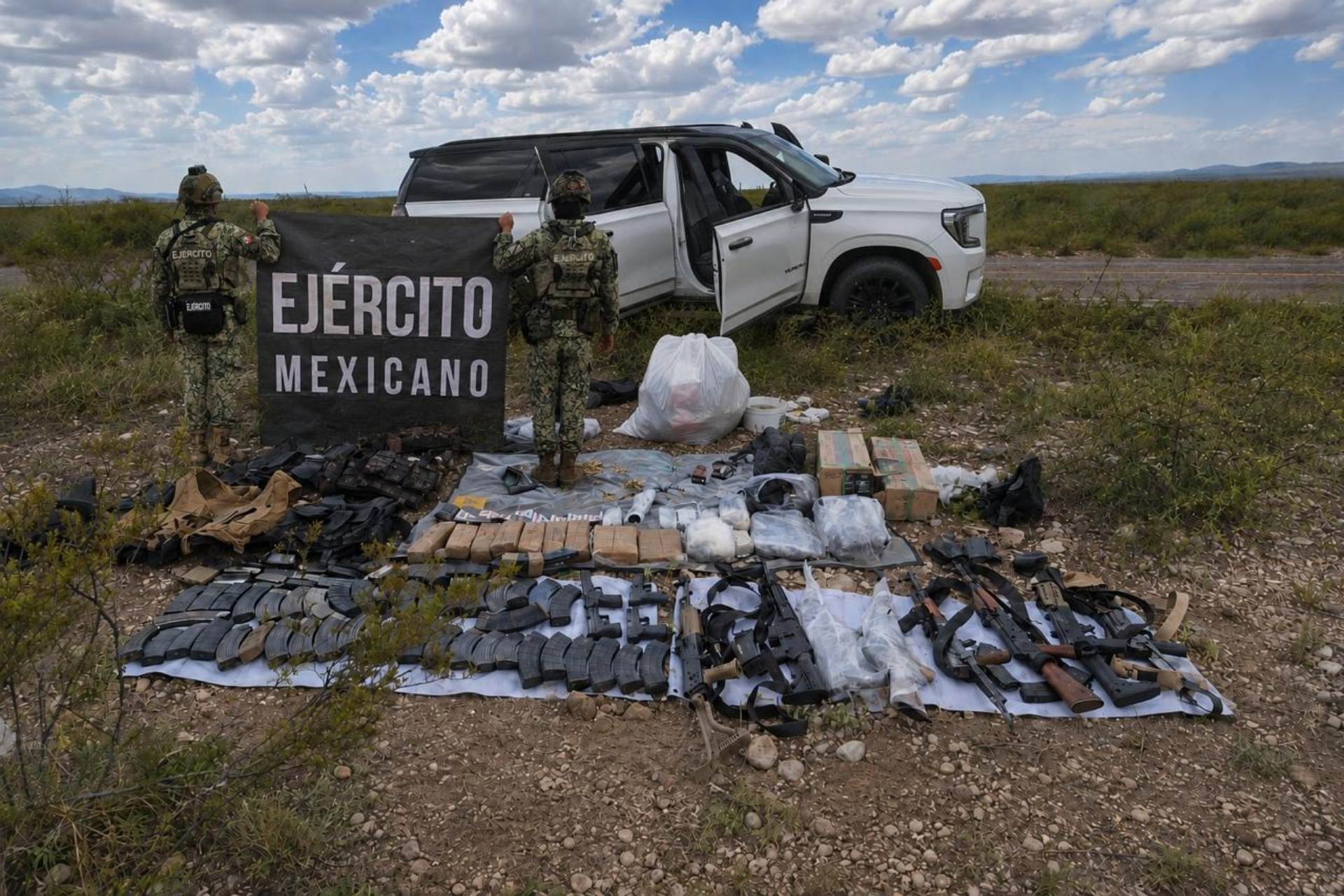 Detienen a 4 personas con arsenal y droga en Mapimí, Durango