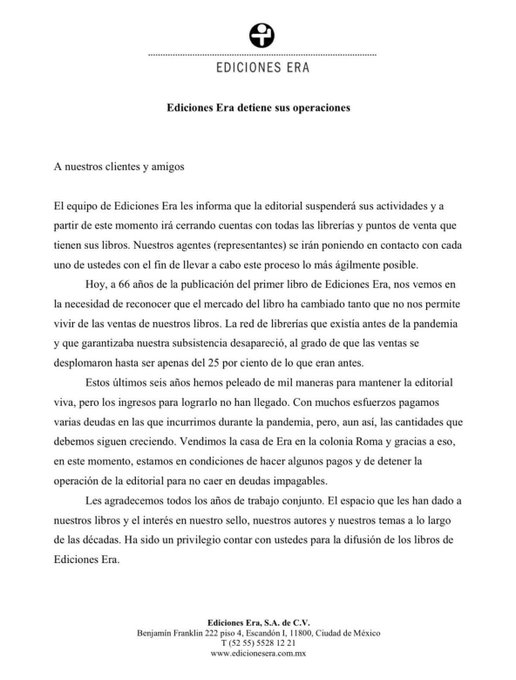 Tras 66 años de actividad, Ediciones ERA cierra por dificultades financieras - tras-66-anos-de-actividad-ediciones-era-cierra-por-dificultades-financieras